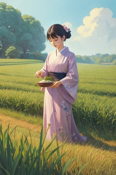 Fairy tale Illustration by Reiko Ikemura, Pixabay,   simple art  , full color Illustration, cute fairy tale Illustration, picture book Illustration, Illustration,  girl picking tea in the style of Hayao Miyazaki, In the fields, kimono, kimono  