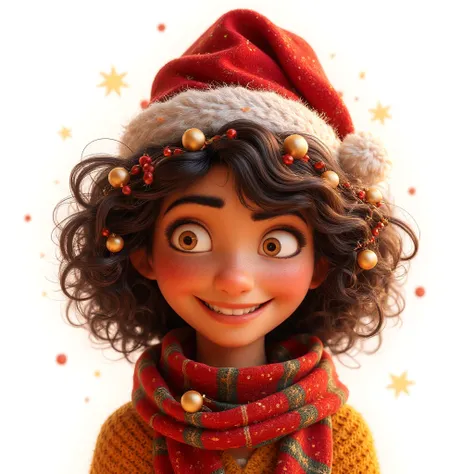 An adorable illustration of a girl with curly hair wearing a red Santa hat. She has her eyes closed with a soft smile on her face. Her hair is decorated with a garland of gold and red balls emitting a warm light. The girl is wrapped in a scarf in red-green...