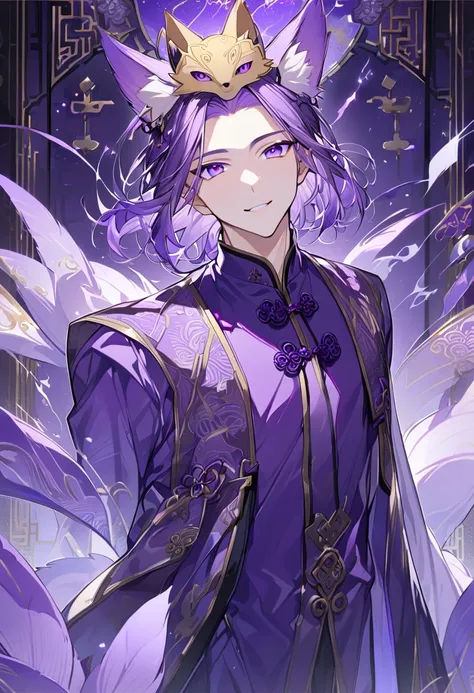  Handsome, Alone, 1 man, hairstyle that shows forehead ,purple hair, ((purple small hair strands)), ((purple eyes)), 1 man, handsome, male, short hair, detailed, straight Hair, wearing Chinese clothes, Grow fox ears on your head, fox tail,smiles, A butterf...