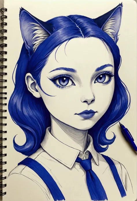  Draw a picture of a handmade cat. Notebook paper .  Blue ballpoint pen .  human traits . Intermediate level. details.  Shading pen. Humanized.  Increase human traits .  Increase the tones of the ballpoint pen. Make humanized strokes 