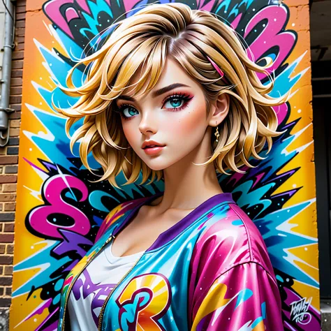 A mural of graffiti comic in a building wall.

(  Quality Best , actual ),(close-up),(Anime work :1.1),(mural),( time travel style  :1.1),(90s anime style:1.1),( Vivid Colors ),(  detailed character atmosphere  ),(  soft lighting),(Nostalgia),(  dynamic po...