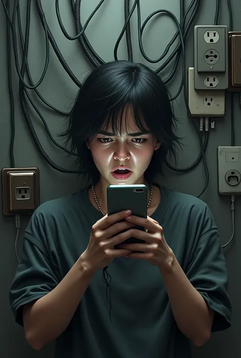  a person looking at the cell phone with a panicked expression, surrounded by messy cables and busy sockets .
