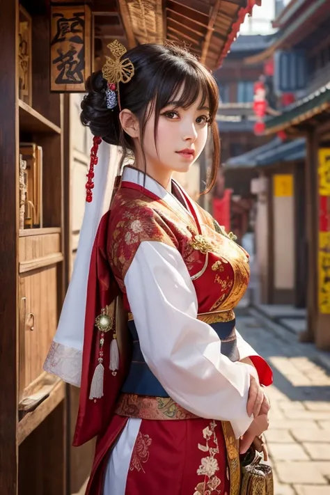 ( best quality),  girl,Oriental detailed background, Oriental cityscape, Steampunk, Shrine maiden