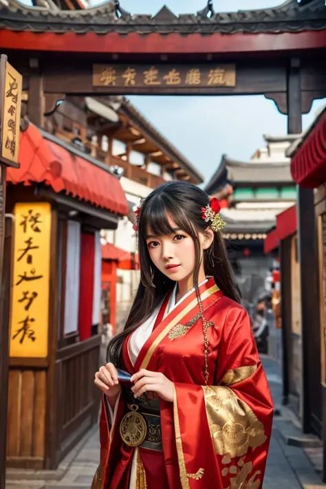 ( best quality),  girl,Oriental detailed background, Oriental cityscape, Steampunk, Shrine maiden