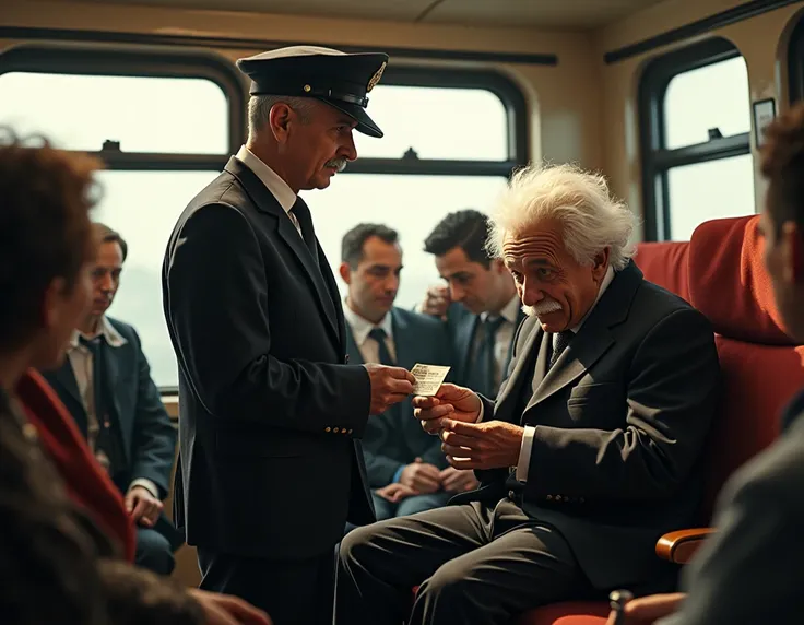 The ticket inspector continued checking other passengers’ tickets and was about to leave when he noticed that Einstein was still searching for his ticket under his seat.