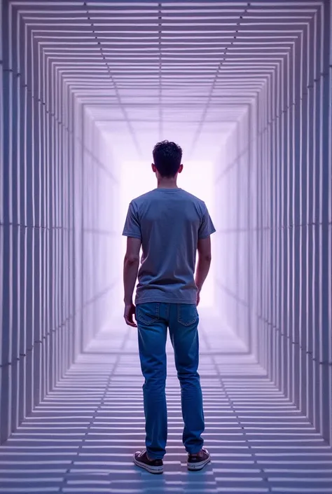 A man in blue jeans and a gray t-shirt is positioned amidst a repeating grid pattern of squares, exhibiting an illusionary depth effect, with the grids color varying from light purple to a darker grayish-purple in a repeating, subtly offset pattern, creati...