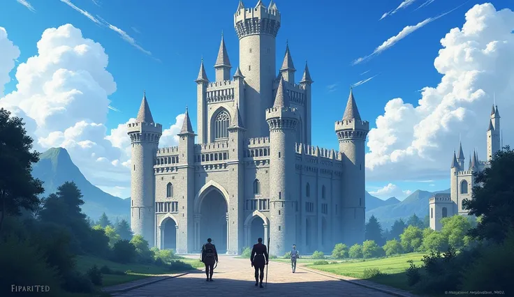 Magnificent castle、Clear blue sky 、Soldiers in front of the castle gate２People standing