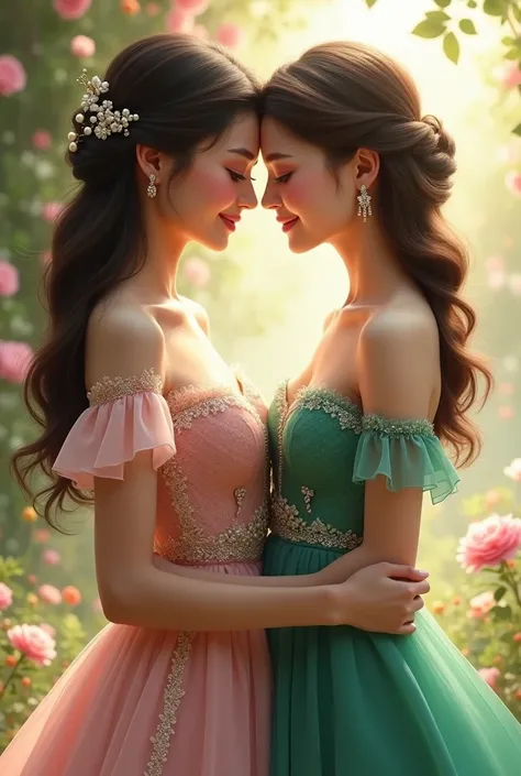 "Create a beautiful cover page image of two sisters ( most beautiful matured girls) , symbolizing their unbreakable bond. The older sister has long, wavy dark hair styled in a sophisticated, loose updo with pearl pins. She wears a soft blush pink gown with...