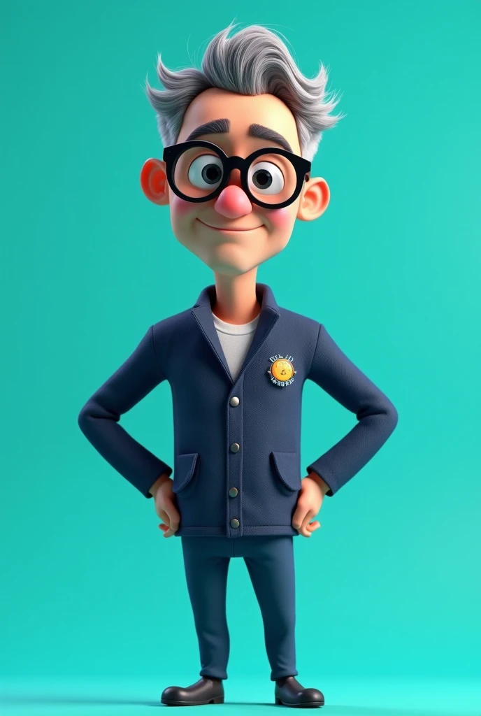 A stylized, 3d animated character with tousled gray hair and wearing oversized black glasses. He is dressed in a dark blue jacket with a logo on the left side, a matching shirt, and pants. The character stands confidently with hands on hips, smiling agains...