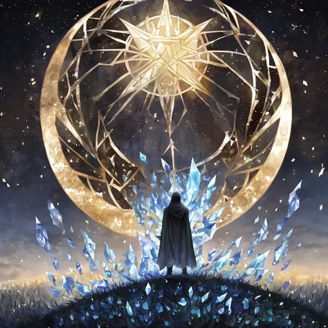 A shadowy figure cloaked in shimmering energy, standing in a field of floating crystal shards under a twin-moon sky.