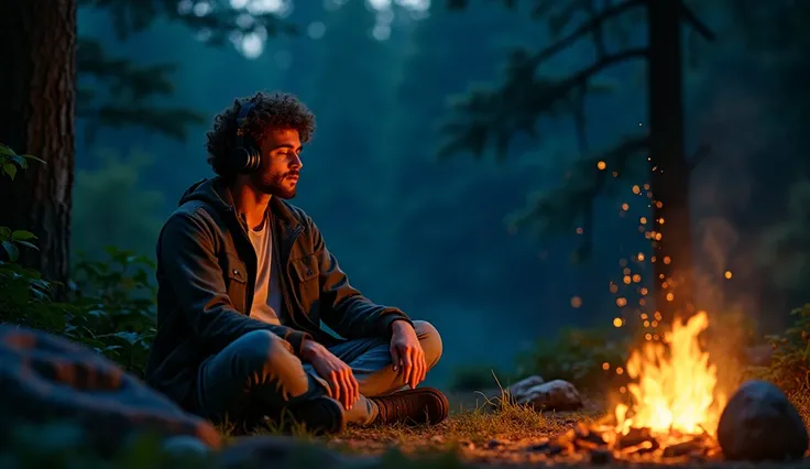 A curly hair man wears headphones and sitting near a campfire at forest in night time 