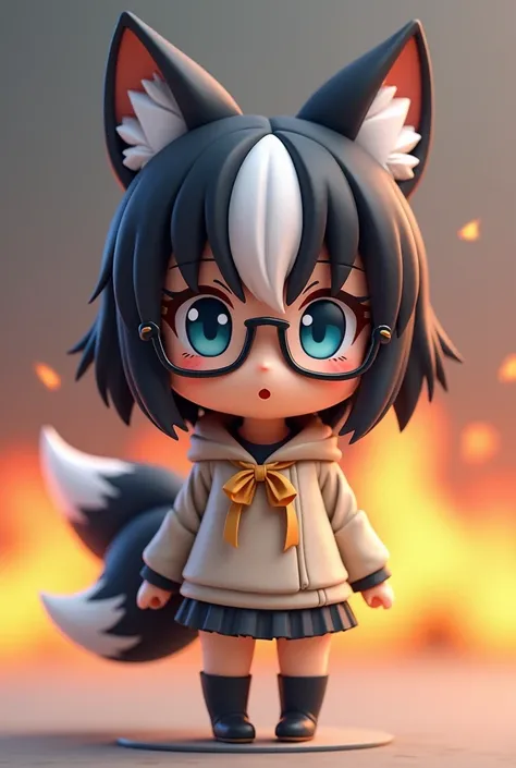 SD Character,The full body of a doll with fox ears and tail, ４Head size,Full body showing up to the feet , Good Smile Company anime style as black and white split hair in the center ,  wore glasses, Nendoroid のようなスタイル,  Good Smile Company anime style, Burn...