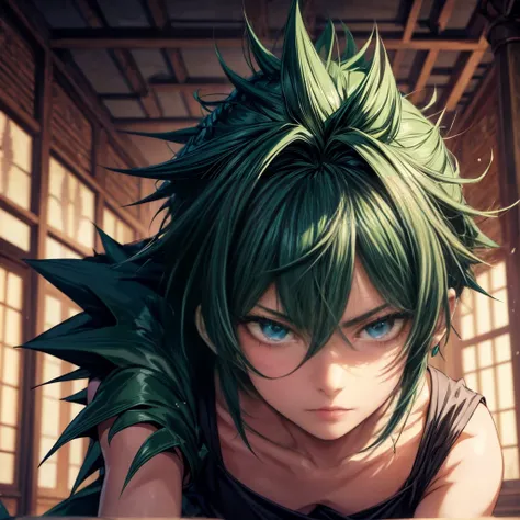 high detail, anime, anime style, drop shadow, UHD, anatomically correct, super detail, high details, high quality, best quality, highres, HD, 16k,  1 man, Green spiky hair, spiky hair, black hair, black eyes, black counts clothes, magical portals around, m...