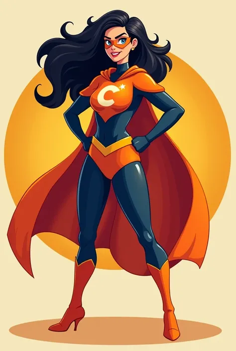 Kindly create a energetic Super women mascot covered in full clothes in orange and navy blue colour with thick black hair and amazing glowing skin my target audience is between 16 to 60 and my brand is a nutrition supplement having Vitamin C 