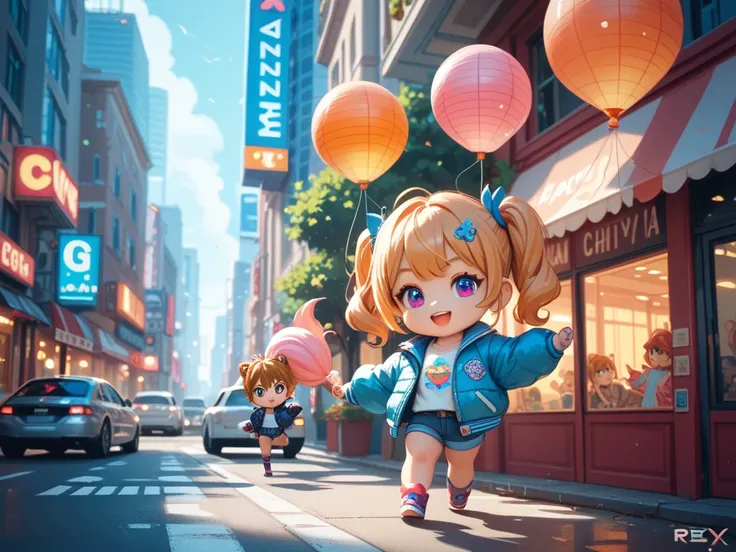 two cute chibi t-rexs wearing a jacket ,chasing a ballon in the neon city , masterpiece , hyper detailed