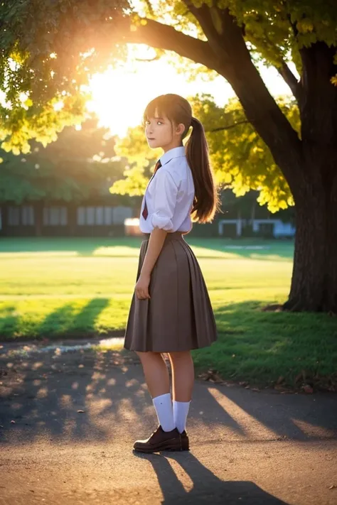 Sally Acorn,  1 girl, Alone, tree, null, Outdoor,  skirt, cloud, brown, hair, sunset, lens, Flare, scenery, School, uniform, sun, wind, length, sleeve, Animal Nose