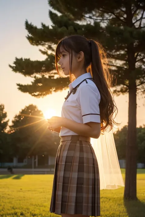 Sally Acorn,  1 girl, Alone, tree, null, Outdoor,  skirt, cloud, brown, hair, sunset, lens, Flare, scenery, School, uniform, sun, wind, length, sleeve, Animal Nose