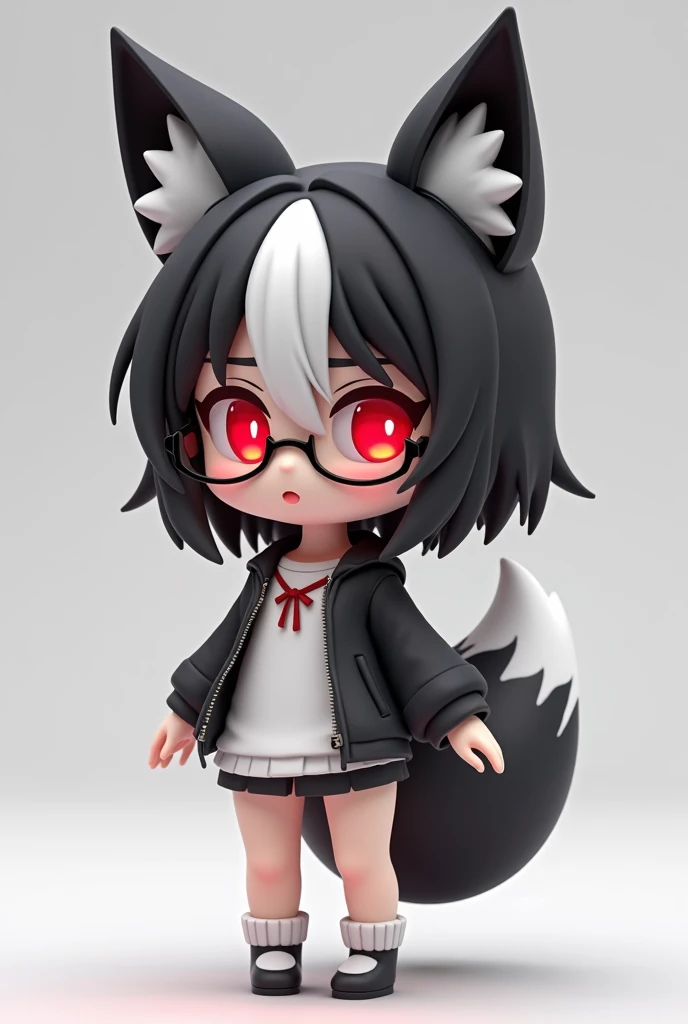 SD Character,The full body of a doll with fox ears and tail, ４Head size,Full body showing up to the feet , Good Smile Company anime style as black and white split hair in the center ,  Nendoroid のようなスタイル,  Good Smile Company anime style, Burning, Anime Fig...