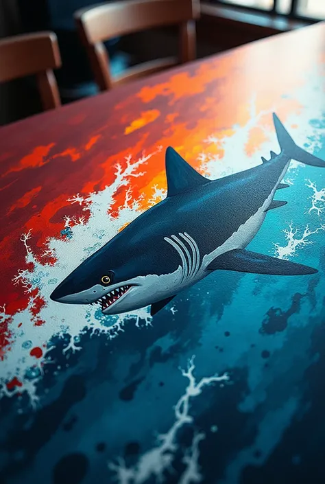 A painting with a shark pattern on the table