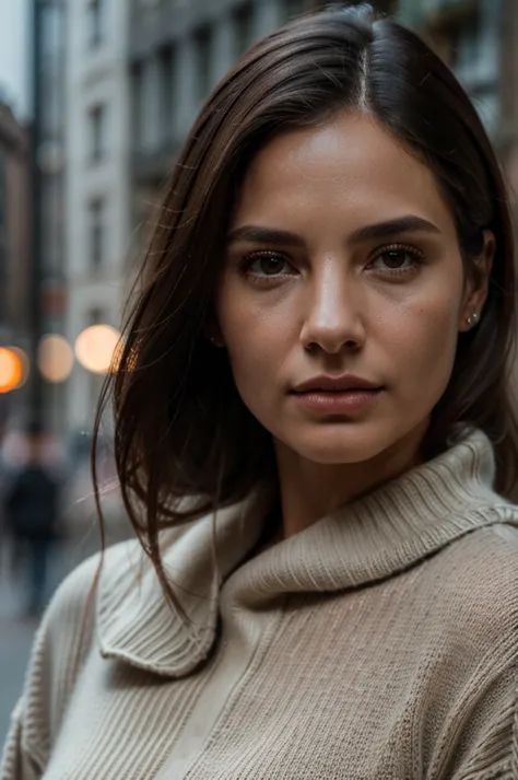 A beautiful Argentinian woman, detailed portrait, urban outfit with sweater, serene expression, long dark hair, brown eyes, high cheekbones, full lips, delicate skin, elegant clothing, standing in a natural setting, ambient lighting, cinematic composition,...