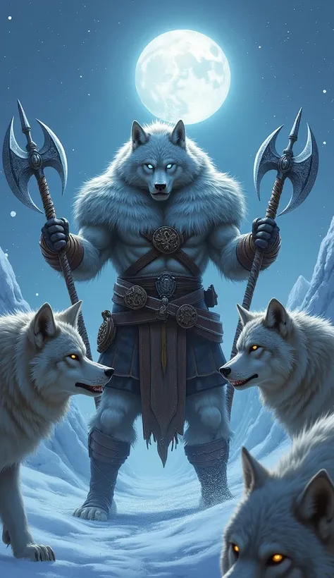 Fenrik the Moonhowler, the hybrid warrior of wolf and man, stands in the snowy tundra surrounded by a pack of massive wolves. His humanoid form, cloaked in thick fur streaked with silver, reflects the moonlight, while his glowing blue eyes burn with an icy...