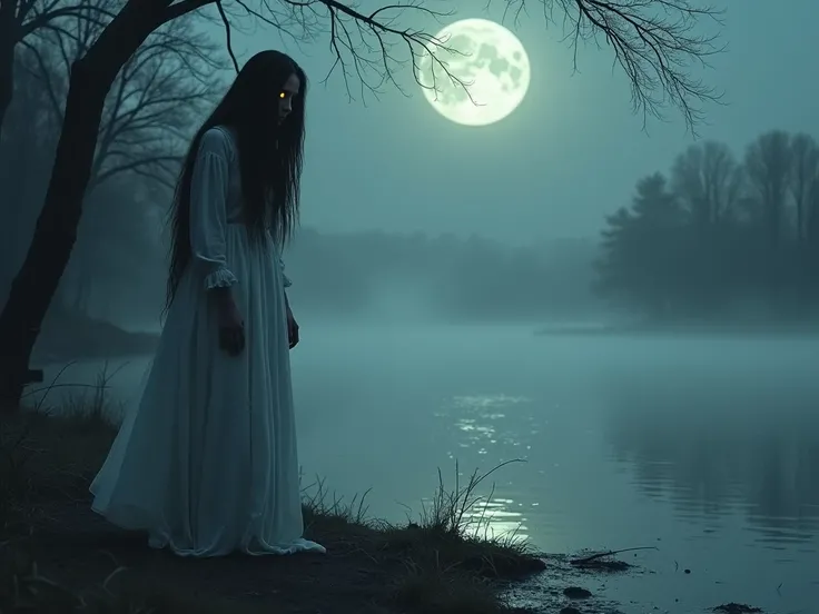 A haunting depiction of La Llorona, a ghostly woman in a flowing white dress, standing by a foggy riverbank under the eerie glow of a full moon. Her long dark hair cascades down, partially covering her sorrowful face, while her piercing, hollow eyes hint a...