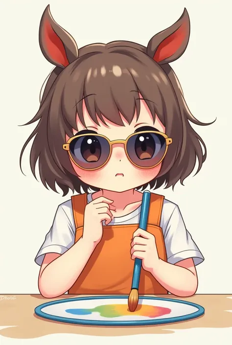 2D of a girl with cute two-pronged ears wearing sunglasses and holding a brush while being shy