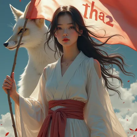 A beautiful Korean girl stands holding a flag, the word Tha2 is on the flag. On the back is a nine-tailed fox.