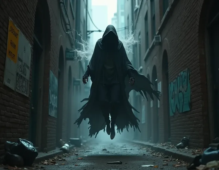 hooded man floating in an alley