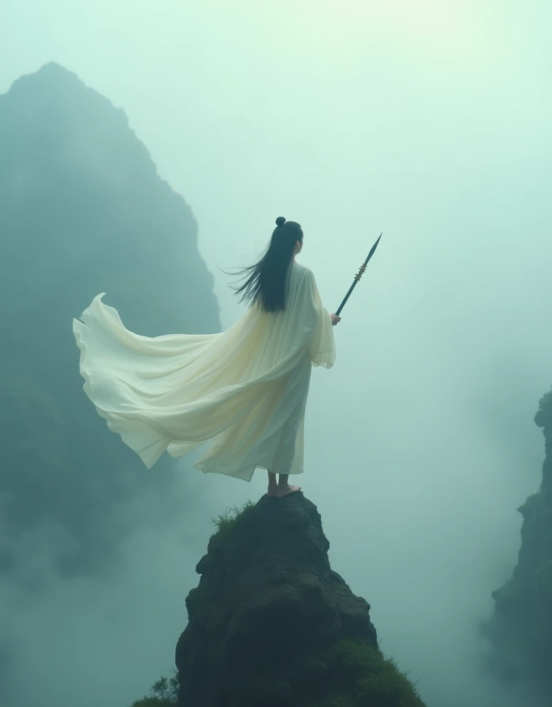 masterpiece of wuxia cinematic, upper down view of a beauty and graceful wuxia girl standing in good balance high from ground on the top of long handle of spear like she floating in the wind, her clothes flow in the wind, mist cover around, show calm and l...