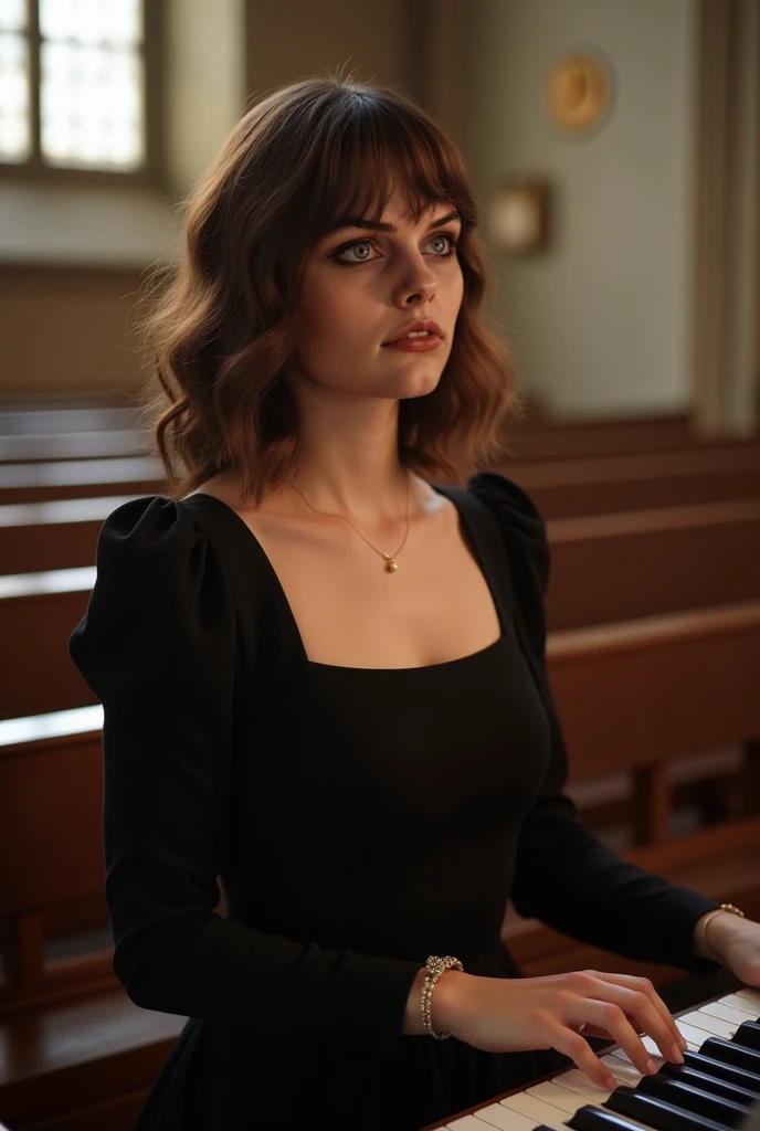 Image of a white woman with brown wavy hair below the shoulder, in a black dress with a square neckline, playing the organ in a church, long bangs