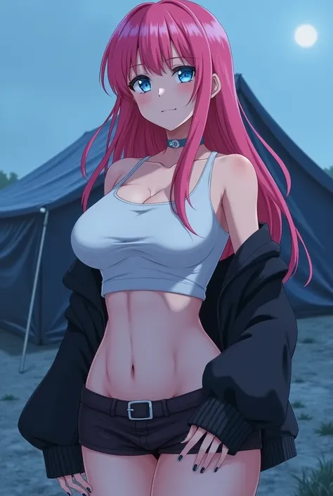 40-year-old adult woman with long pink hair with blue eyes with C-cup breasts wearing a black jacket a tight white sleeveless shirt and a short skirt in the background blue an empty tent(hentai anime version ).