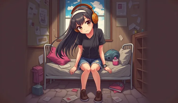 「A young woman with long black hair fluttering in the wind、Wearing a black T-shirt and distressed denim shorts、Illustration of a person sitting in a room with a retro atmosphere。The room is dimly lit、There are scattered papers and posters on the walls.、Out...