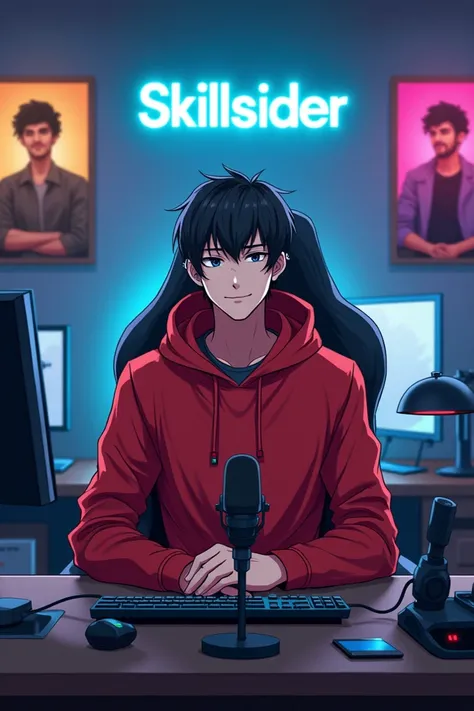 Anime boy mature looking like a man facing in front YouTube content creator sitting in his studio with futuristic gadgets mic near him wearing red hoodie smiling 2 posters of Imran khan in his room with ‘SKILLSIDER’ in the background with subtle glow effec...