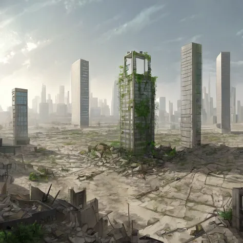 A barren wasteland with half-sunken skyscrapers, a single green plant glowing faintly amidst the rubble.