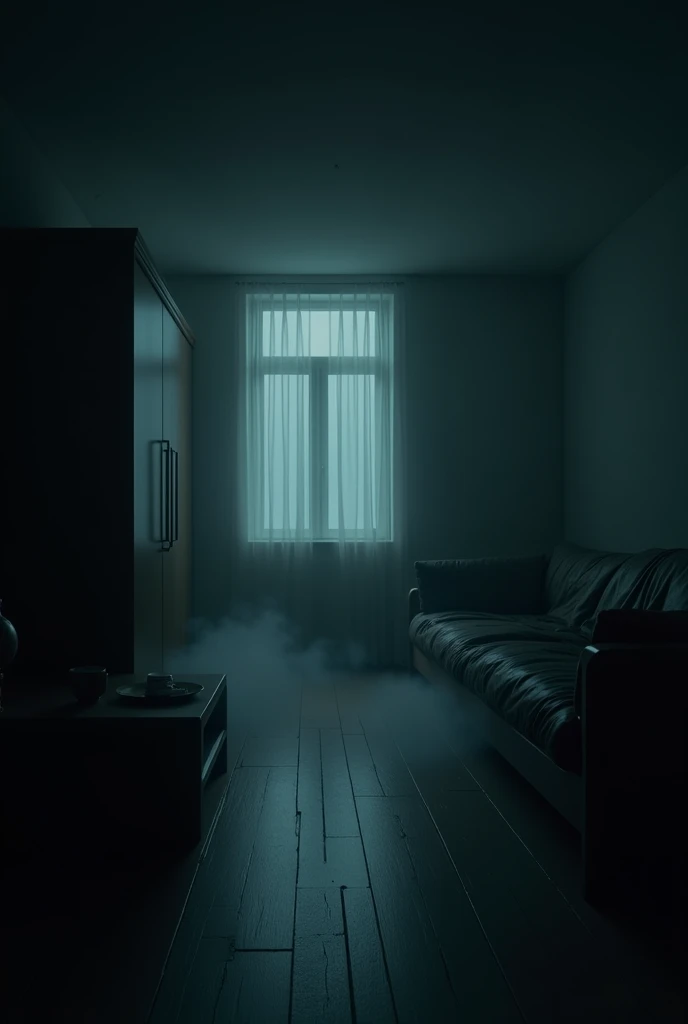 dimly lit modern apartment at night, with minimalistic furniture and a slightly eerie atmosphere. The air seems cold and unwelcoming. A faint mist lingers near the floor, suggesting an unnatural chill. The setting feels quiet but subtly ominous, as though ...