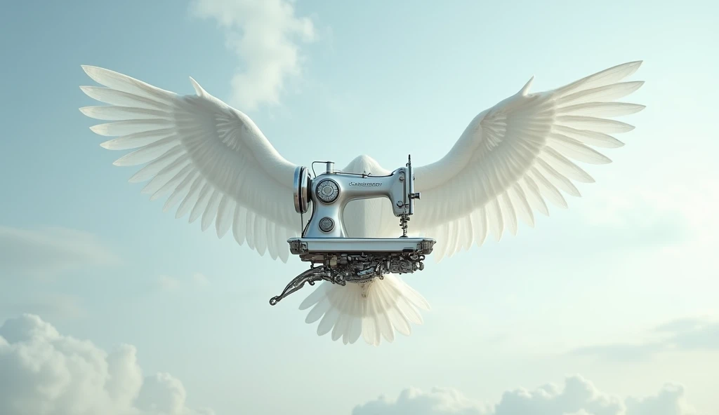 A very beautiful white sewing machine that has two wings on both sides and is flying. The wings of the sewing machine are white and the sewing machine is flying in the sky. The front part of the sewing machine is facing forward.