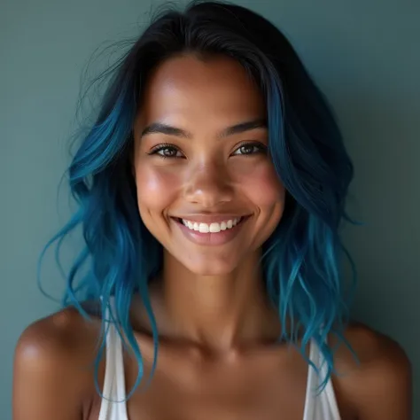 face portrait of a 30-year-old girl with slightly brown skin, lighter indigenous features, pretty, beautiful, friendly, cute, trustworthy, kind, realistic, 4k, blue hair powerfull