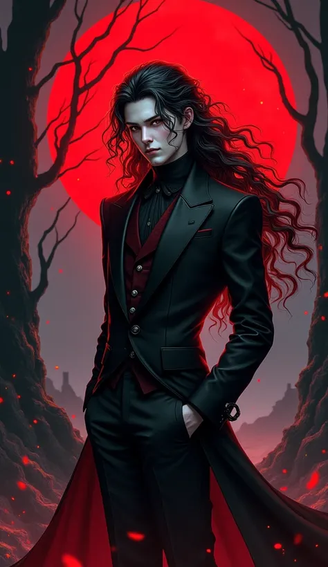 Pale skin handsome man, wearing beautiful elegant black_red suit, dark_fantasy, curly long hair, red moon, pixiv, vampire, elegant spooky, ffxiv, dramatic light, fantasy background, manga style, Tsutomu Nihei style, vibrant colors, Manga nib pen style, dra...