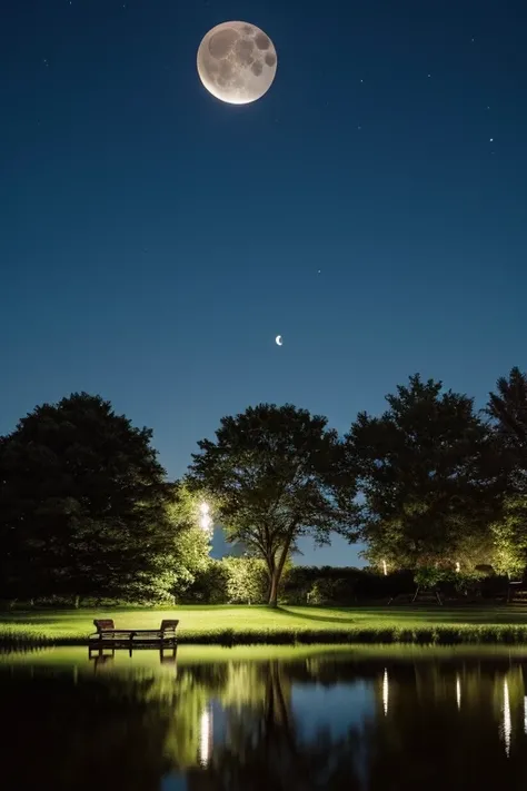  there is a bench on the lawn near the lake and a giant tree with the moon reflecting in the water, Cows grazing near a tree,  the moon is reflecting in the water, full Background Moon, full Background Moon, big Background Moon, big Background Moon!, (Back...