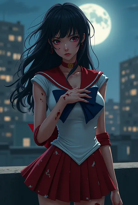 (full-length photo:1.6), (Masterpiece, photorealistic, photorealism, best quality, ultra-detailed:1.3), (nice hands, perfect hands), official art, cinematic light, (1girl:1.3), adult, (absurdres:1.0), sailor mars, large breasts, dark hair, sailor senshi un...