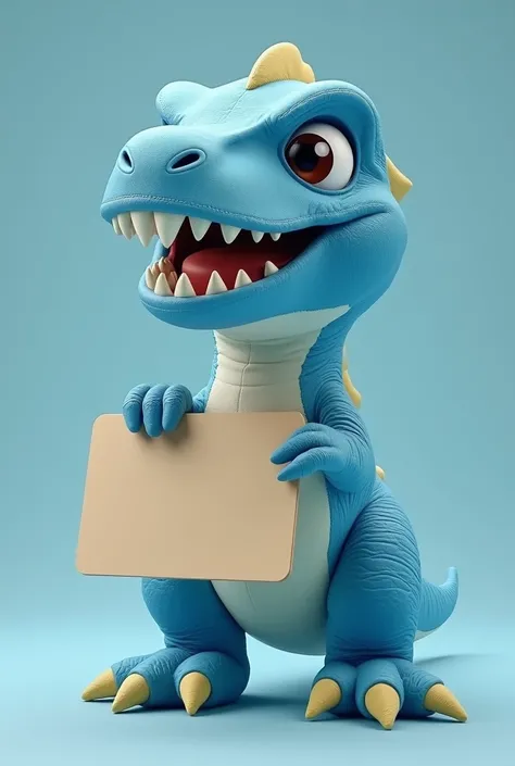 Velociraptor plush toy，Shut up。 holding hands and holding a sign,A cute，Fat，Moe，No teeth，blue， master works，Higher quality，More details，3D Rendering，C4D Rendering，Medium shot，face，Disney，