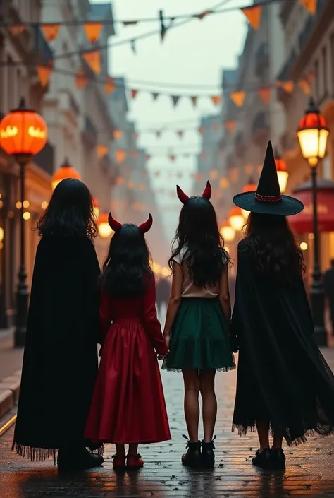 4 jeunes filles vu de dos dans une rue de Londres décorée pour Halloween. La première est déguisée en vampire elle porte une cape noire et à des cheveux noirs mi-long, la deuxième est déguisée en diablesse elle a les cheveux noirs assez longs et porte de p...