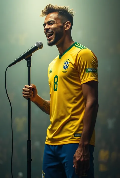 Neymar holds a singing mic