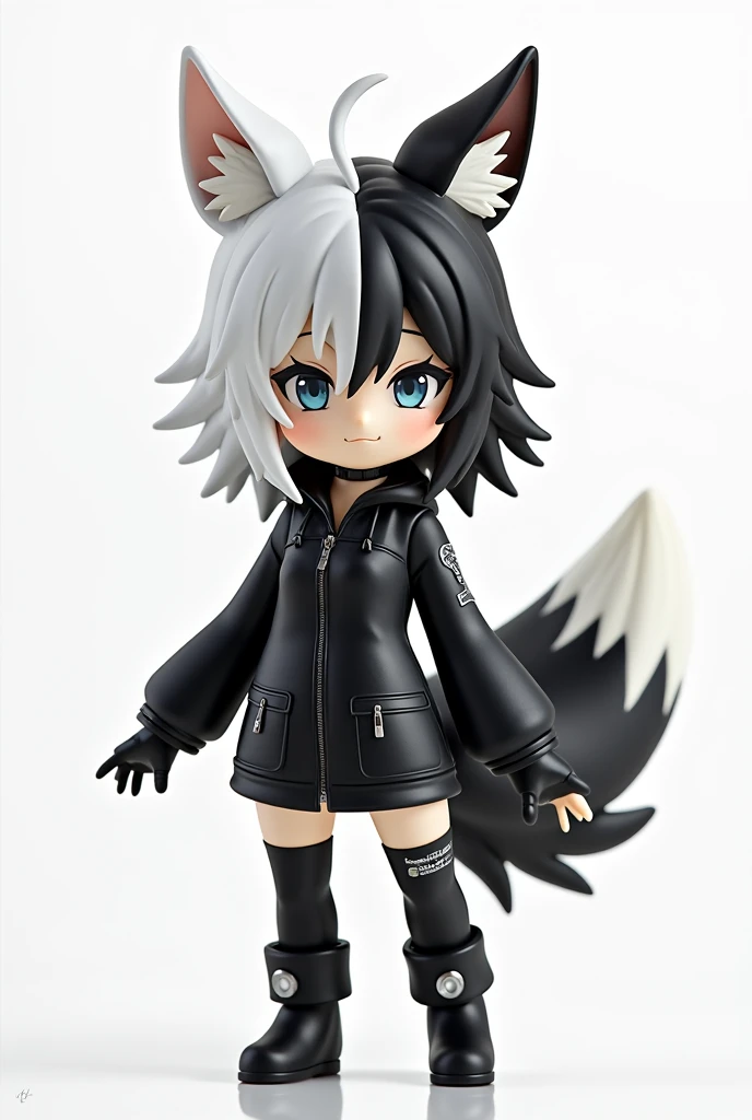 SD Character, doll has fox ears and tail all over her body ,    Cyberpunk , Good Smile Company anime style with black and white split hair in the middle , The photo is、Shi Tao,   has become a hot topic in the CG Society , Neo-Dada, from   Arknights, style ...