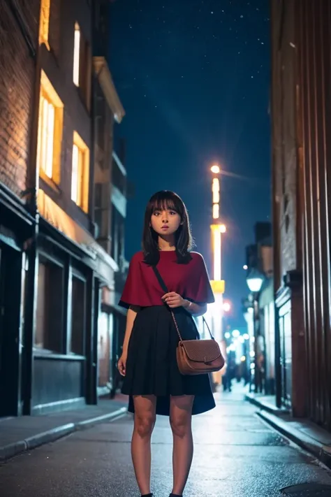 Night Sky, city,   1 girl,  standing, Alone, whole body, , Maribe, Short sleeve top,  Cape, bag