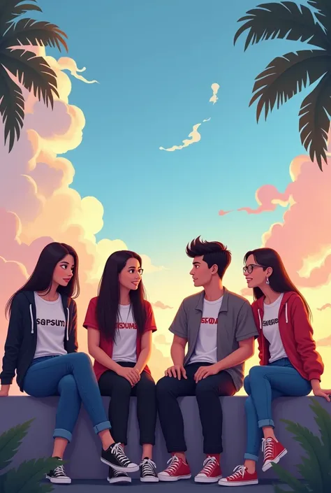 Create an animated 2d illustration of a pair of Indonesian guys and girls sitting with sky background, Casual Dress T-Shirt Jeket For Girls There Is SAPSUHAs Name Inscribed, on her boys t-shirt and there is KENDARI writing on her girls t-shirt  