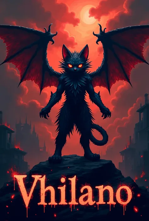 (VHILANO text logo:1.4), black and red, hazy hell background, dripping, dark, pixel art, smoke, fire, flames, hell, (anime demon cat), wings, embossed, spikes 