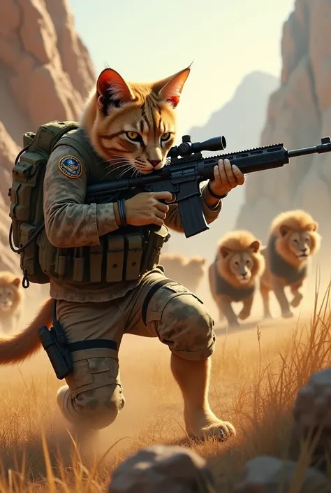 cat dressed in army dressed shooting  the lions with sniper and lions run away 