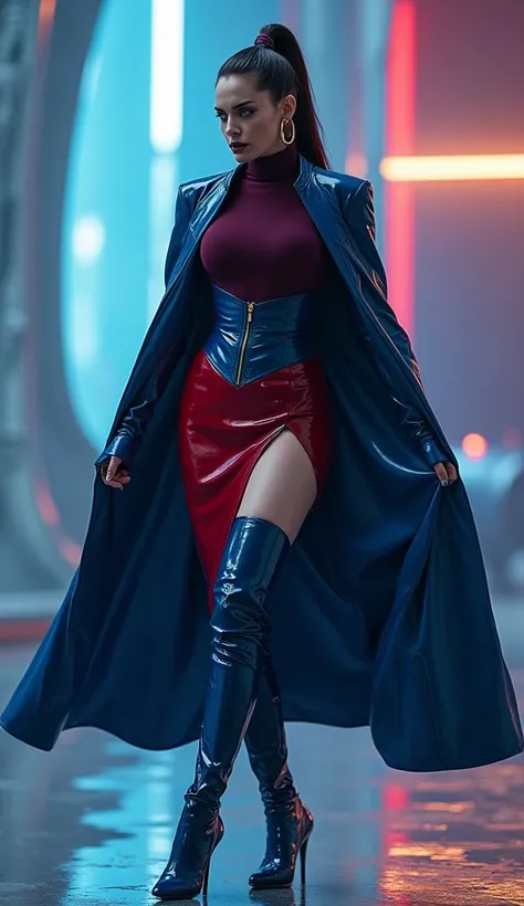 angelina jolie, en action de danser, latex, brillant, futuriste, chemise t-shirt latex marron rouge foncé, col roulé latex marron rouge foncé, t-shirt zippé latex marron rouge foncé, cape latex bleu marine, anneaux métaliques coup, corset latex bleu marine...